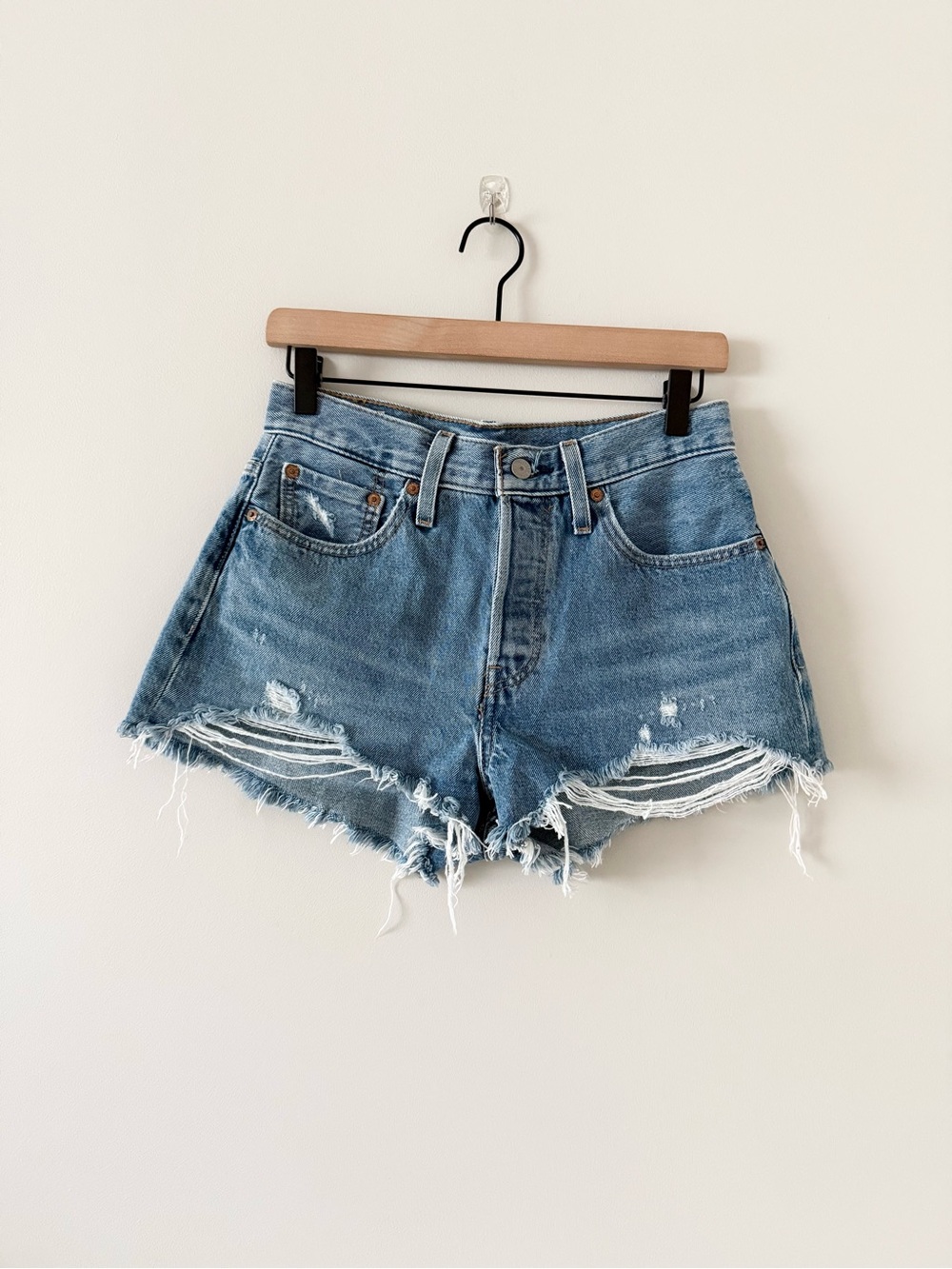 Levi's Premium 501 Distressed High-Rise Blue Denim Shorts Size 27